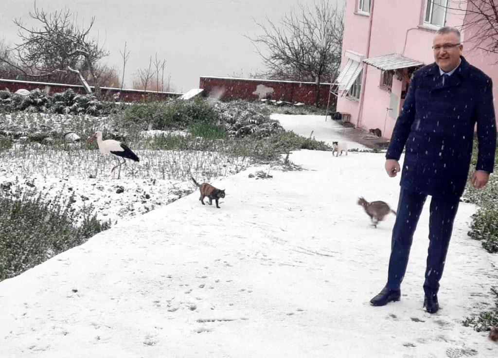 Yaren Leylek karla tanıştı, soluğu dostunun yanında aldı